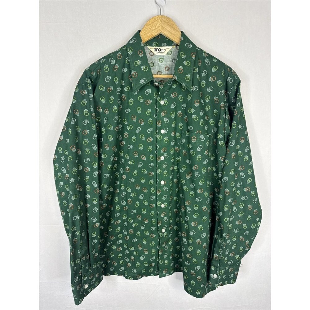 Vintage 70s D’oro Designs California Green Pattern Button Shirt XL Disco Green